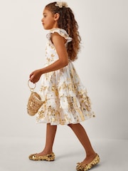 Monsoon Natural Foil Floral Print Tiered Dress - Image 1 of 4