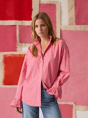 Joules Mae Pink/Red Stripe Relaxed Fit Frill Neck Shirt - Image 1 of 10