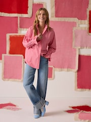 Joules Mae Pink/Red Stripe Relaxed Fit Frill Neck Shirt - Image 2 of 10