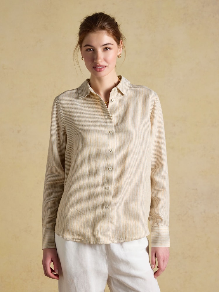 Joules Anna Tan Stripe Long Sleeve Pure Linen Shirt - Image 1 of 7