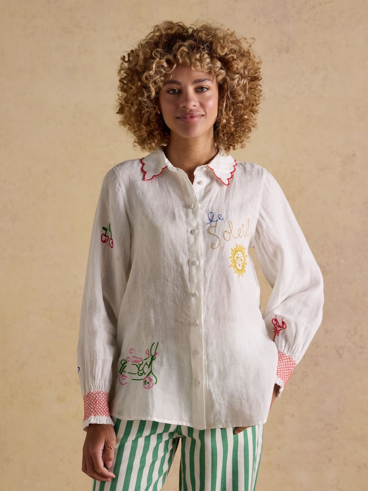 Joules Orla White Embroidered Icons Long Sleeve Shirt - Image 1 of 9