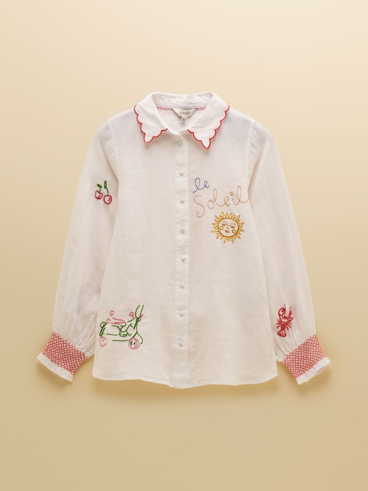 Joules Orla White Embroidered Icons Pure Linen Long Sleeve Shirt - Image 13 of 13