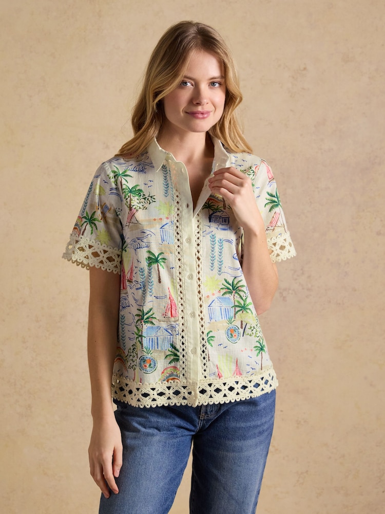Joules Isobel Coastal Scene Print Crochet Trim Shirt - Image 1 of 8