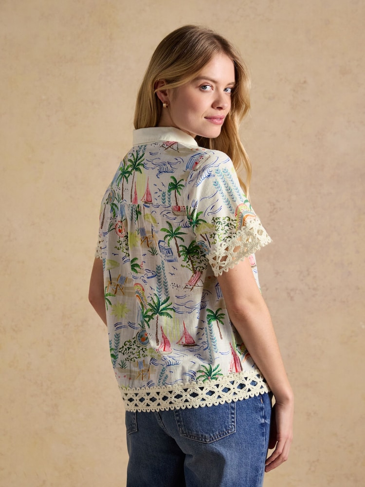 Joules Isobel Coastal Scene Print Crochet Trim Shirt - Image 2 of 8