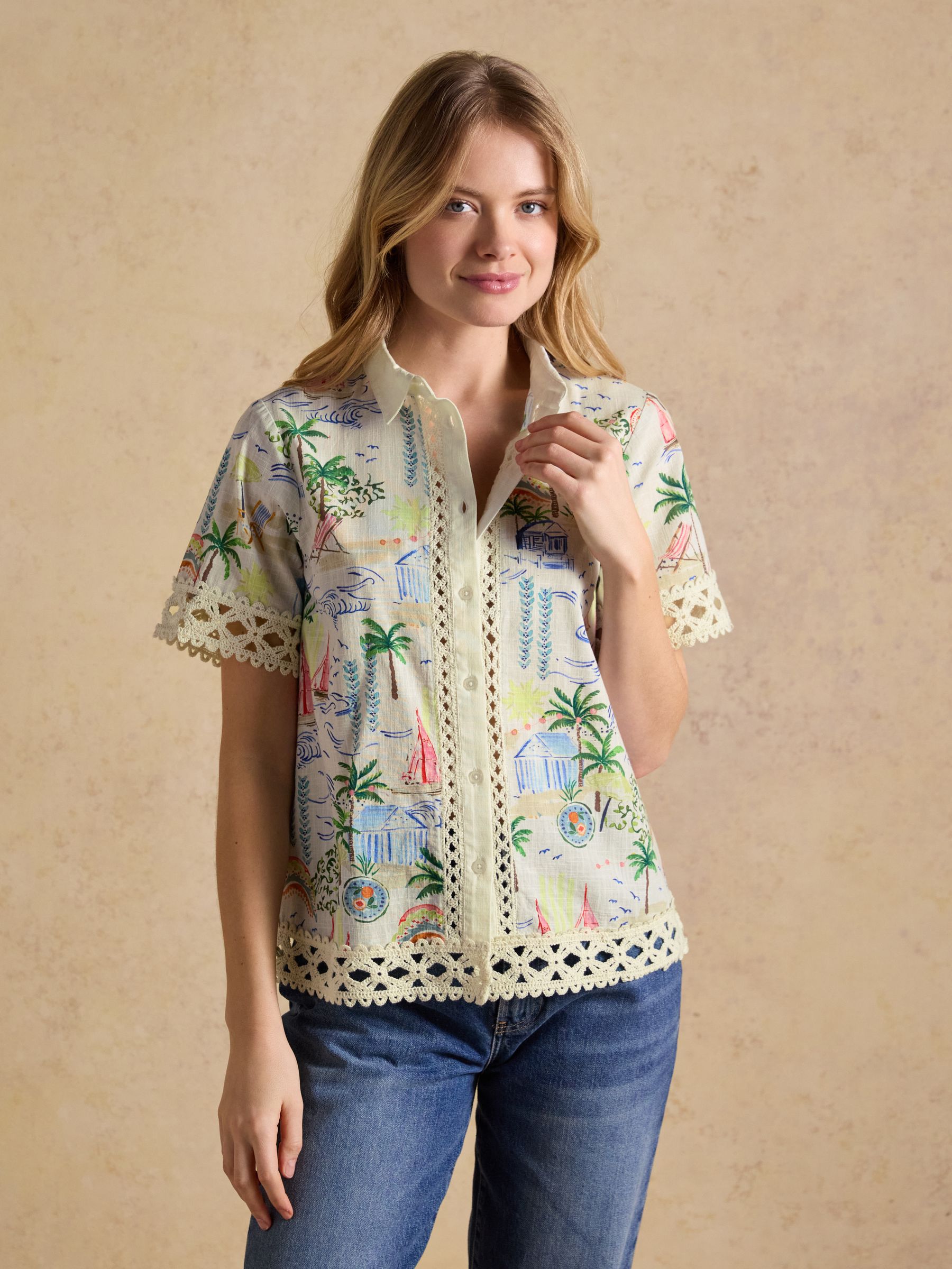 Buy Joules Isobel White Coastal Scene Print Crochet Trim Shirt