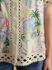 Joules Isobel Coastal Scene Print Crochet Trim Shirt - Image 6 of 8