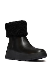 FitFlop F-Mode Shearling Collar Zip Up Leather Ankle Black Boots - Image 1 of 5