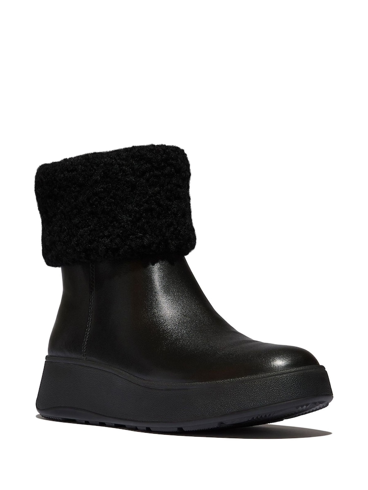 FitFlop F-Mode Shearling Collar Zip Up Leather Ankle Black Boots - Image 1 of 5