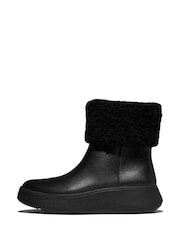 FitFlop F-Mode Shearling Collar Zip Up Leather Ankle Black Boots - Image 2 of 5