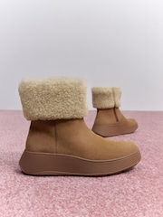 FitFlop F-Mode Shearling Collar Zip Up Suede Ankle Brown Boots - Image 5 of 7