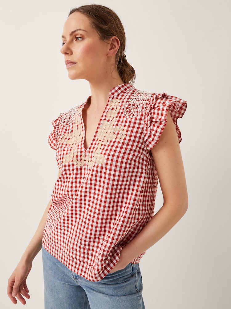 Monsoon Red Greta Embroidered Gingham Top - Image 1 of 4