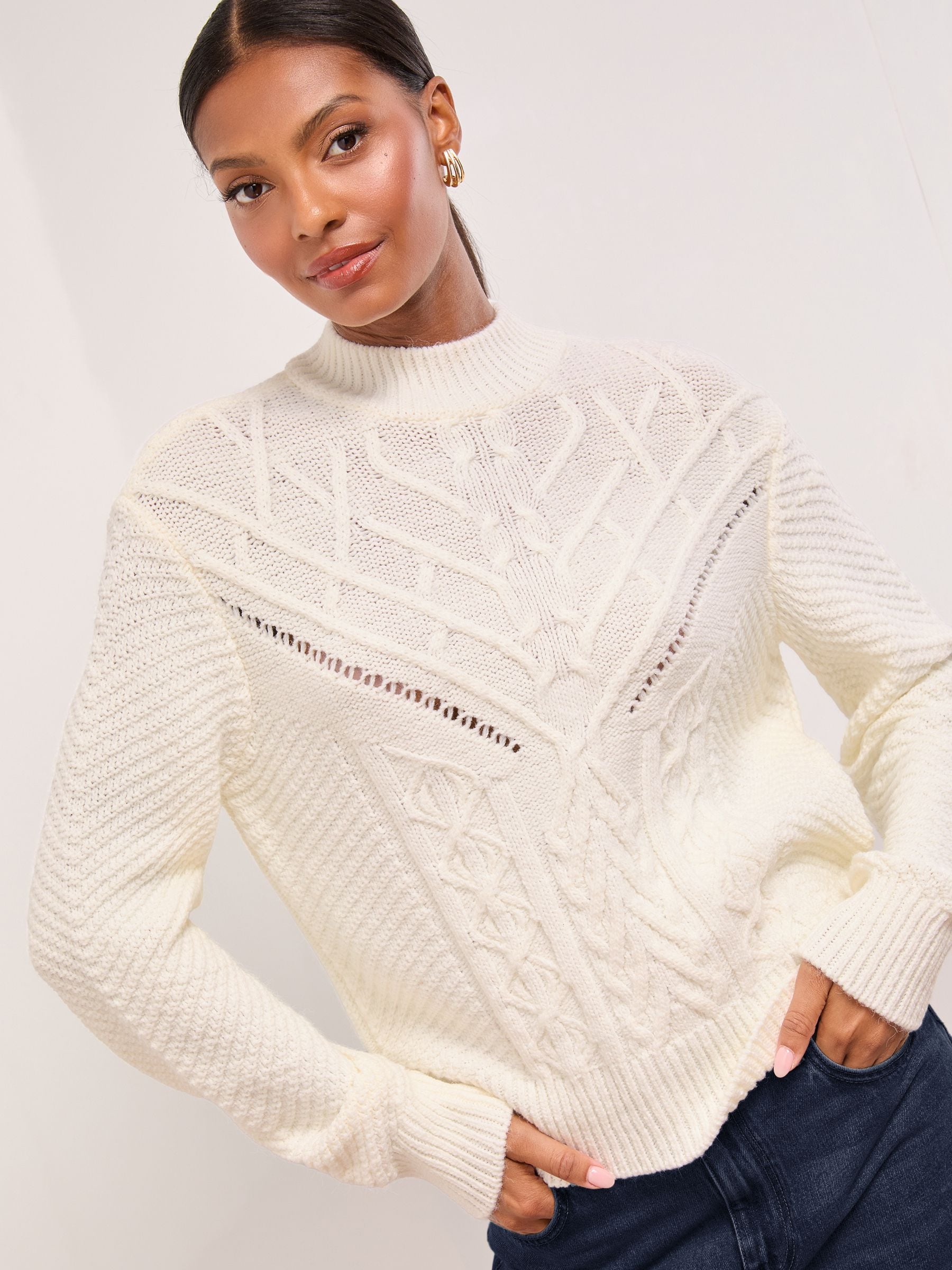 Buy Lipsy Ivory White Cable Knit With Wool Crew Neck Long Sleeve