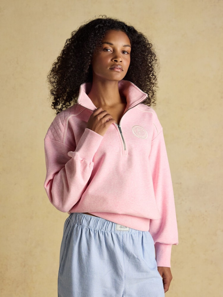 Joules Pink Embroidered Quarter Zip Sweatshirt - Image 1 of 9 Joules Pink Embroidered Quarter Zip Sweatshirt - Image 1 of 9