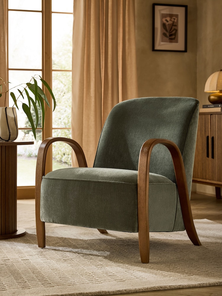 Relaxed Chenille Forest Green Hensley Wooden Accent Chair - Image 1 of 10 Relaxed Chenille Forest Green Hensley Wooden Accent Chair - Image 1 of 10