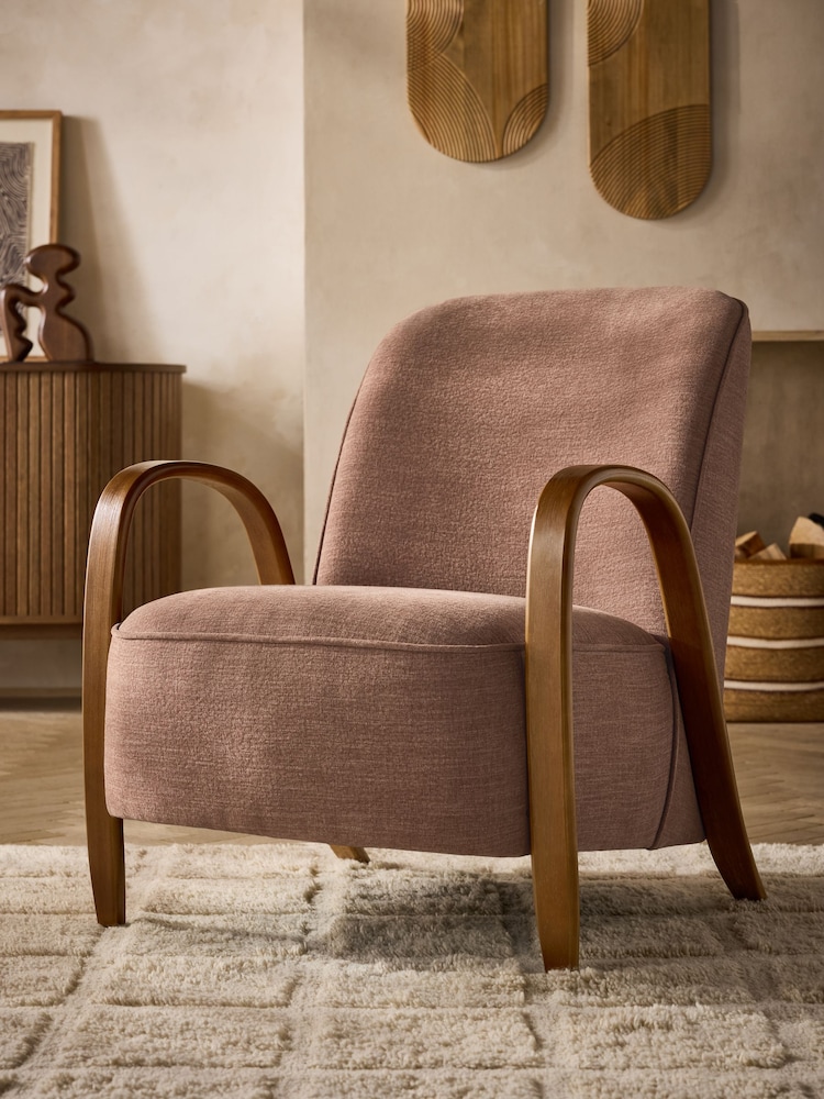 Relaxed Linen Look Rust Brown Hensley Wooden Accent Chair - Image 1 of 10 Relaxed Linen Look Rust Brown Hensley Wooden Accent Chair - Image 1 of 10