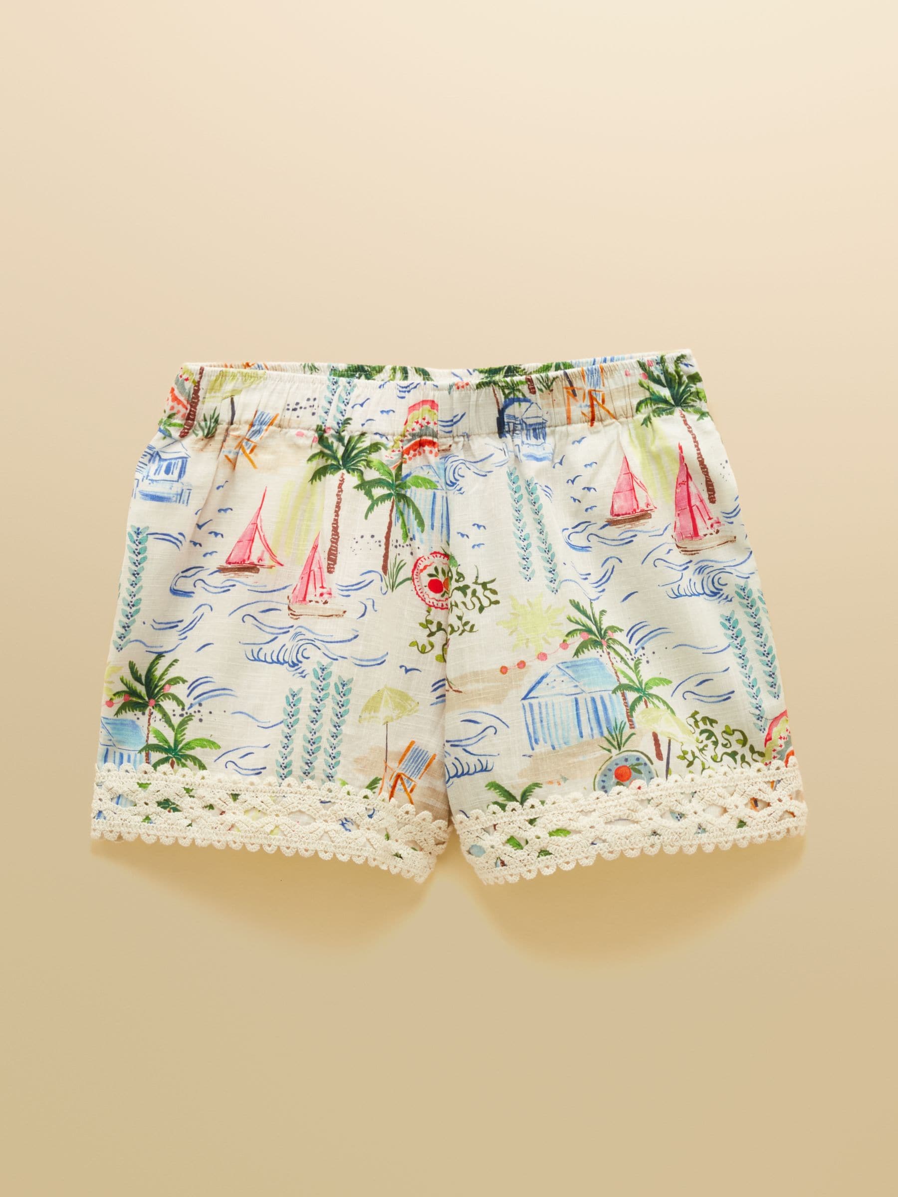 Buy Joules Crochet Trim White Coastal Scene Print Pull On Short