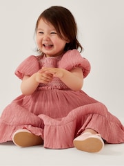 Monsoon Pink Baby Smocked Puff Sleeve Dress - Image 4 of 4
