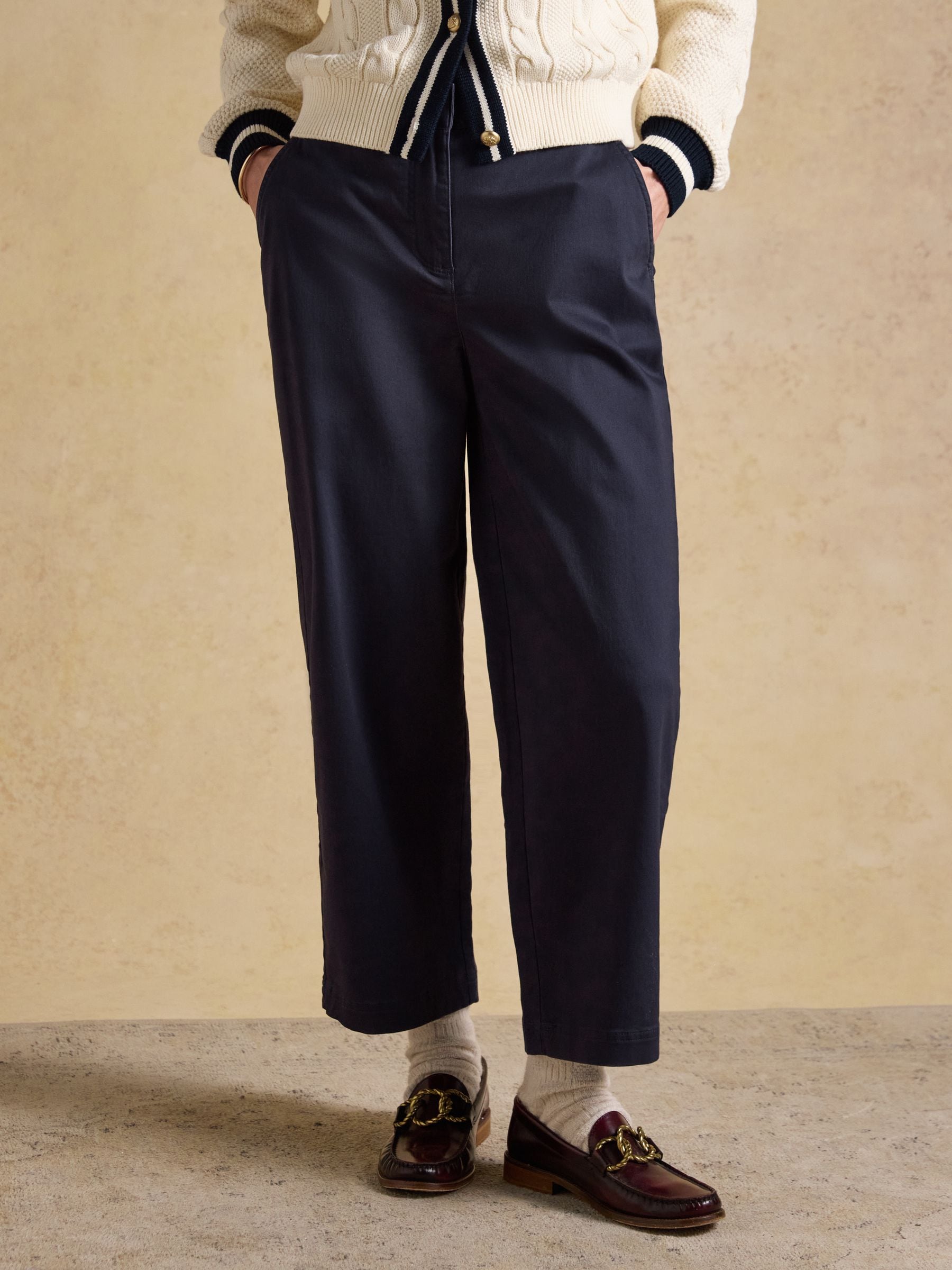 Joules Navy Wide Leg Cropped Chino Trousers With Elasticated Waist