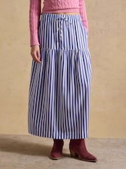 Joules Blue & White Striped Elasticated Waist Woven Midi Skirt - Image 1 of 6