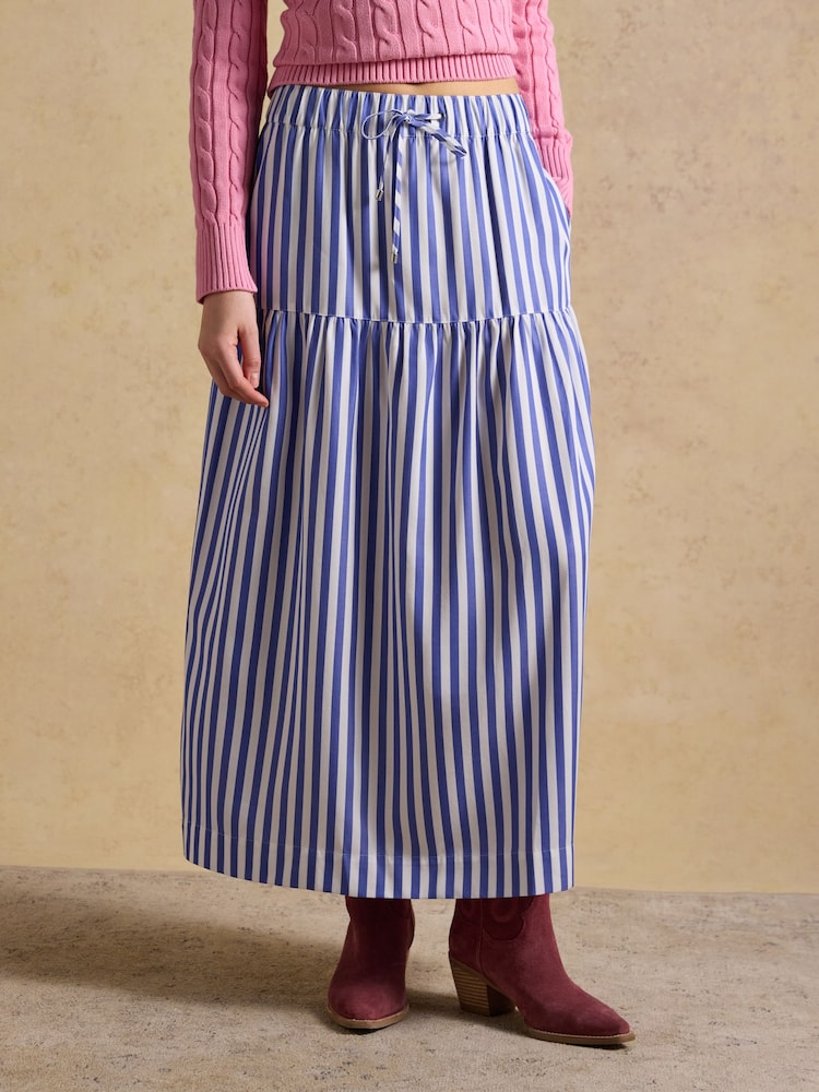 Joules Blue & White Striped Elasticated Waist Woven Midi Skirt - Image 1 of 6
