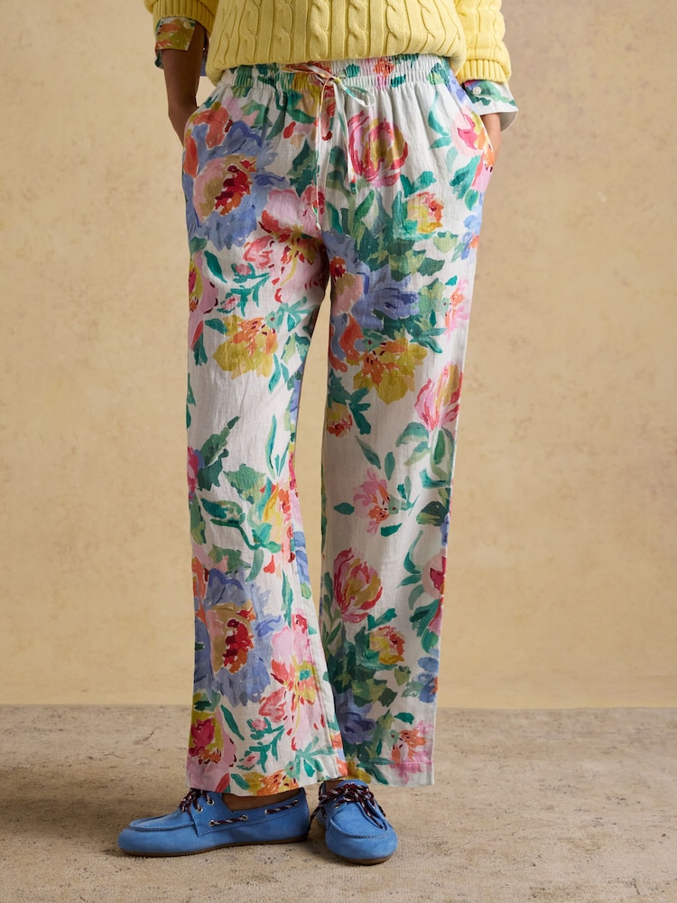 Joules Multi Floral Relaxed Wide Leg Trousers with Linen - Image 1 of 8
