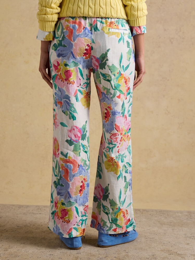 Joules Multi Floral Relaxed Wide Leg Trousers with Linen - Image 2 of 8