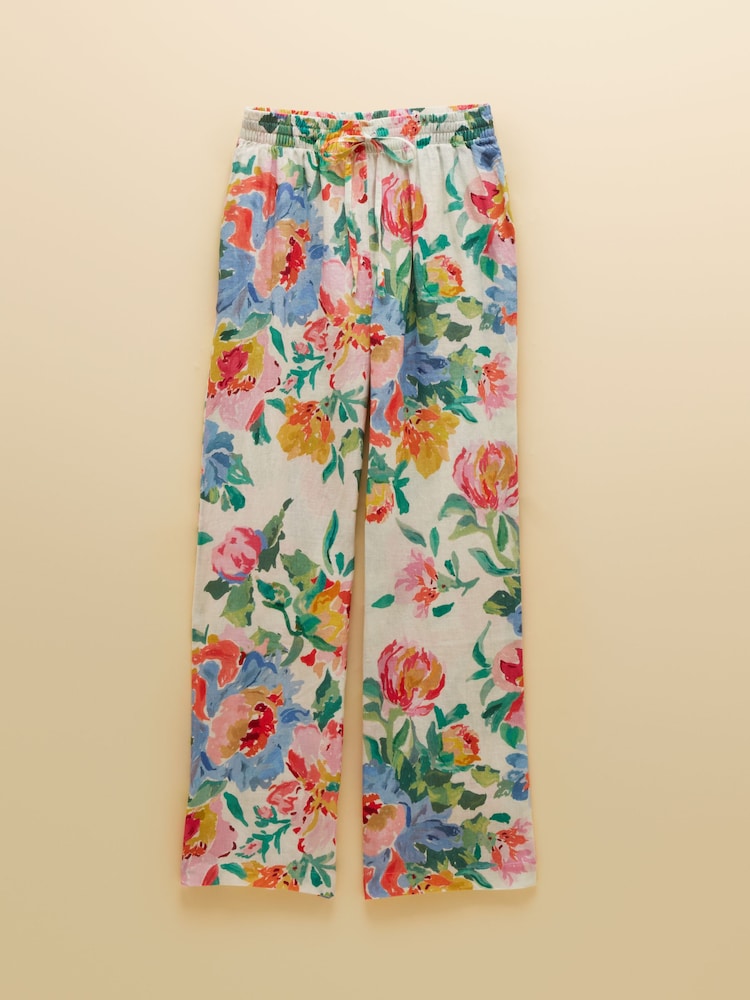 Joules Multi Floral Relaxed Wide Leg Trousers with Linen - Image 8 of 8