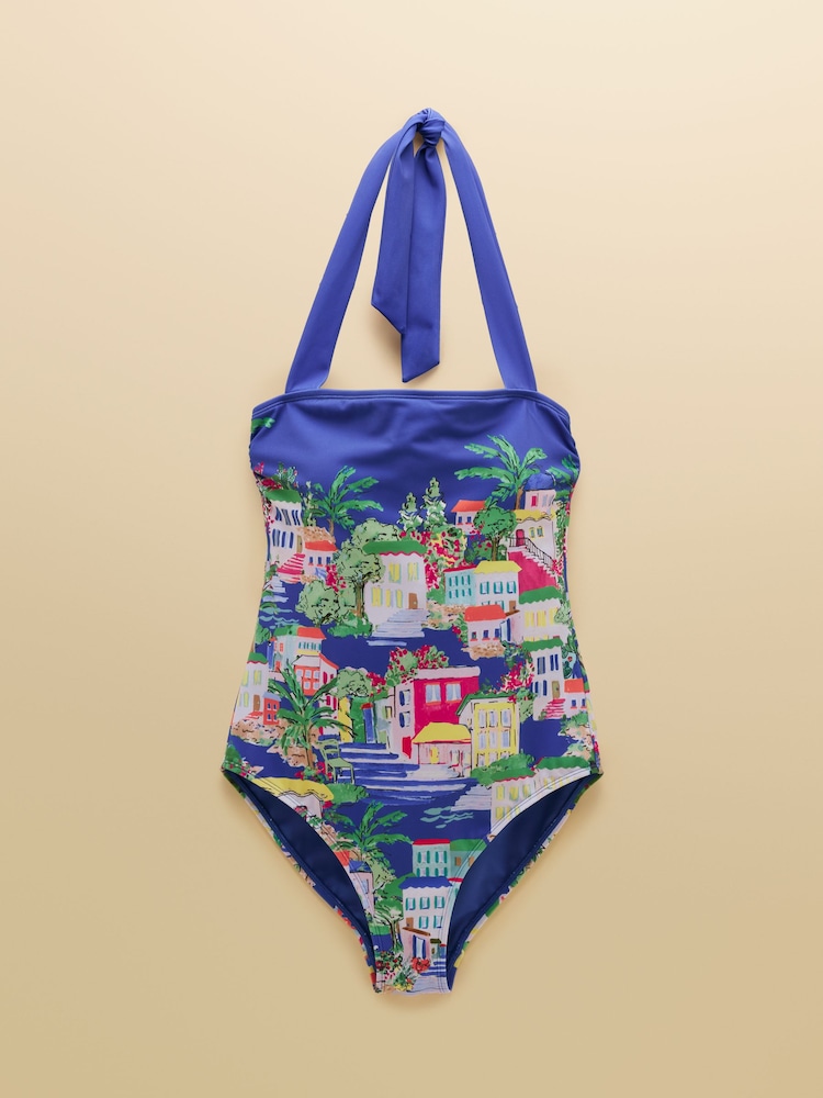 Joules Blue Costal Scene Print Halter Neck Swimsuit - Image 11 of 11