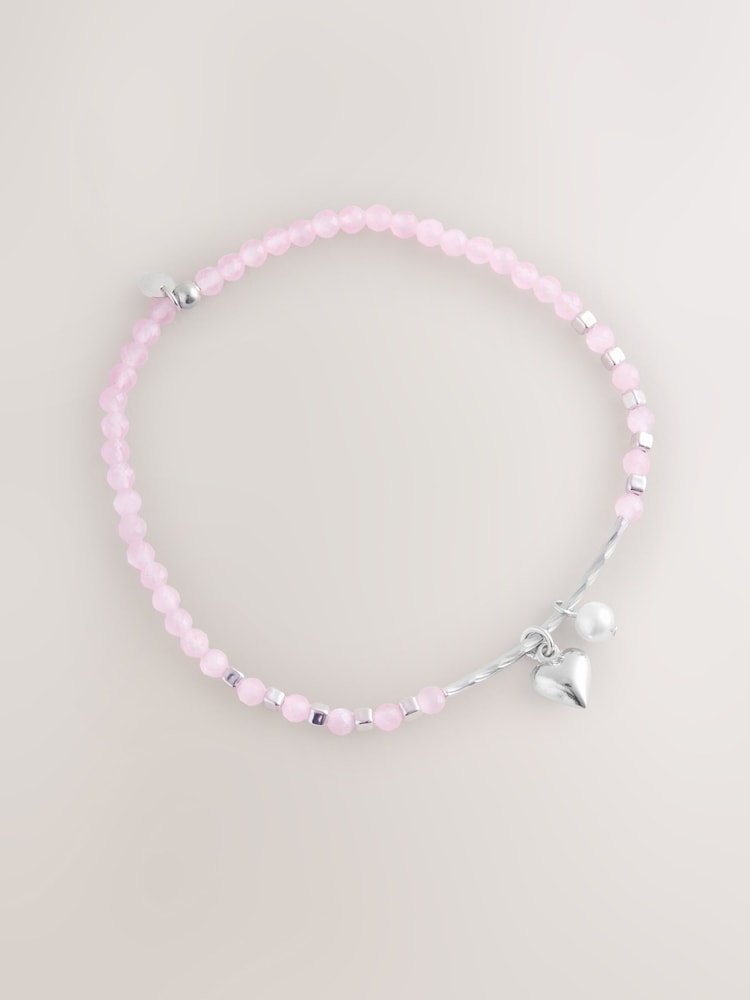 فضة استرليني - Heart Charm Pink Bead Bracelet - صورة 1 من 6 فضة استرليني - Heart Charm Pink Bead Bracelet - صورة 1 من 6
