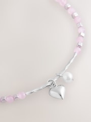 Sterling Silver Heart Charm Pink Bead Bracelet - Image 2 of 6