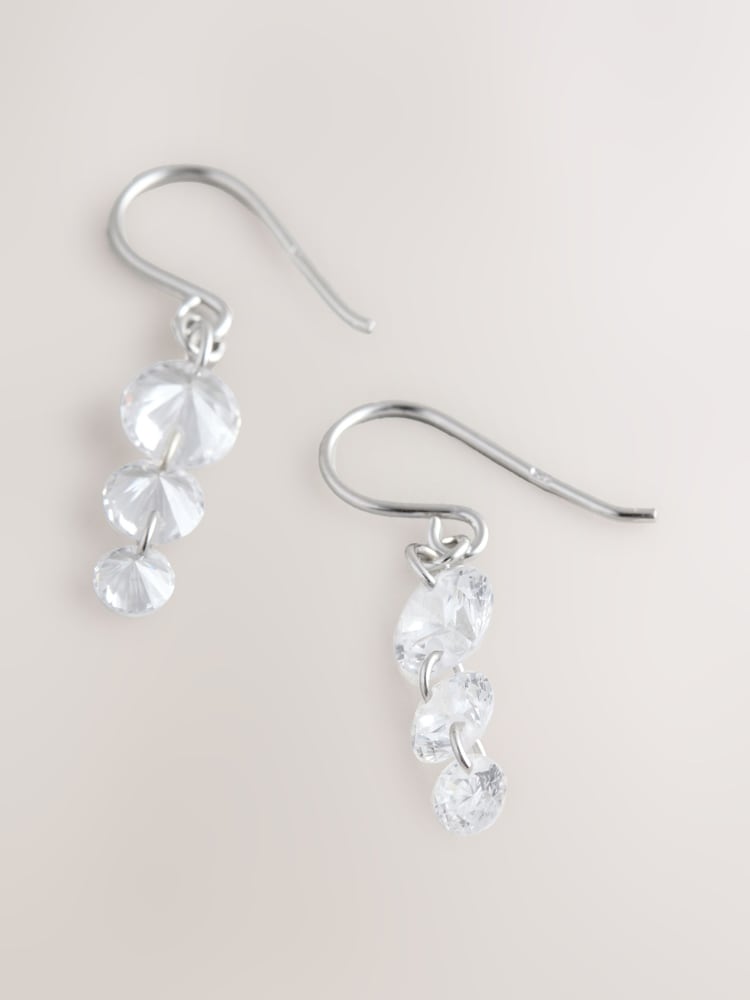 Sterling Silver Tone Cubic Zirconia Drop Fishook Earrings - Image 2 of 3 Sterling Silver Tone Cubic Zirconia Drop Fishook Earrings - Image 2 of 3
