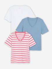 JD Williams White/ Blue/ Stripe V-Neck Tops 3 Pack - Image 1 of 4