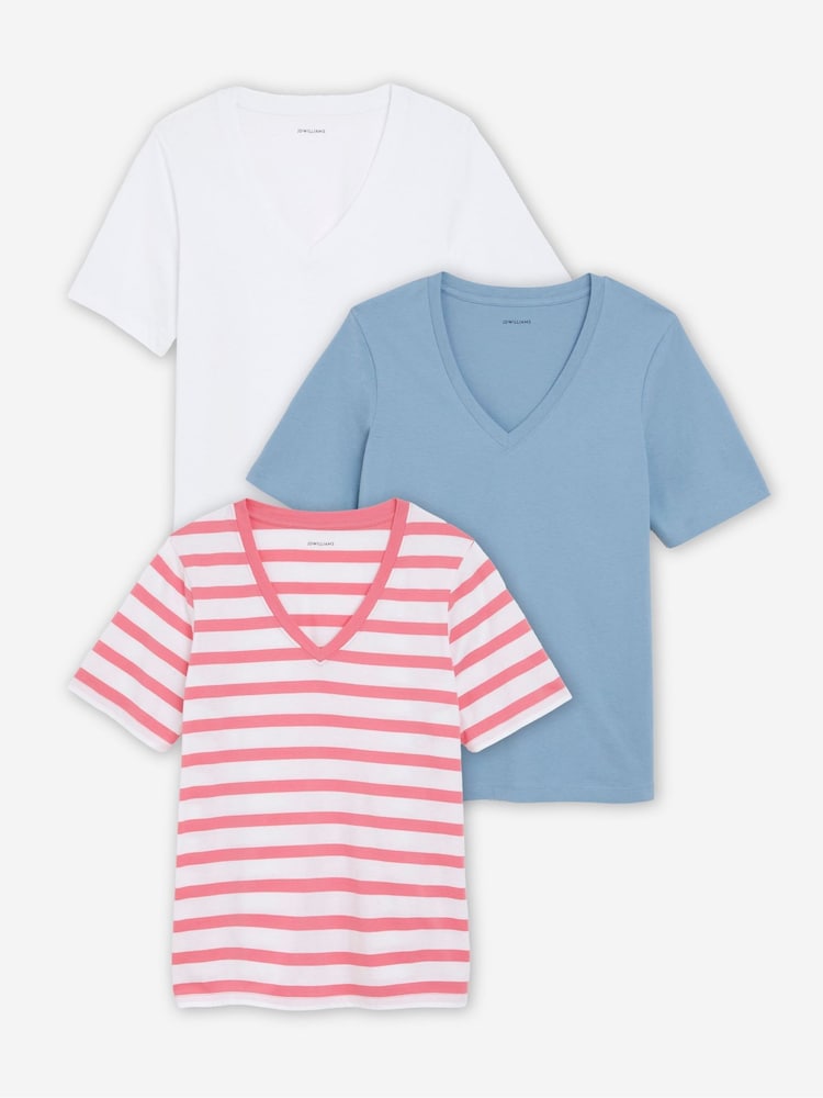 JD Williams White/ Blue/ Stripe V-Neck Tops 3 Pack - Image 1 of 4
