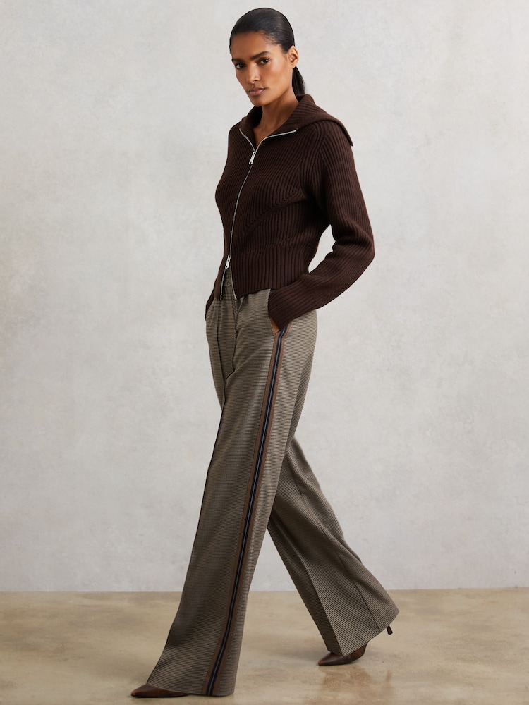 Reiss Neutral Check Tarley Side-Stripe Wide-Leg Check Trousers - Image 1 of 6 Reiss Neutral Check Tarley Side-Stripe Wide-Leg Check Trousers - Image 1 of 6