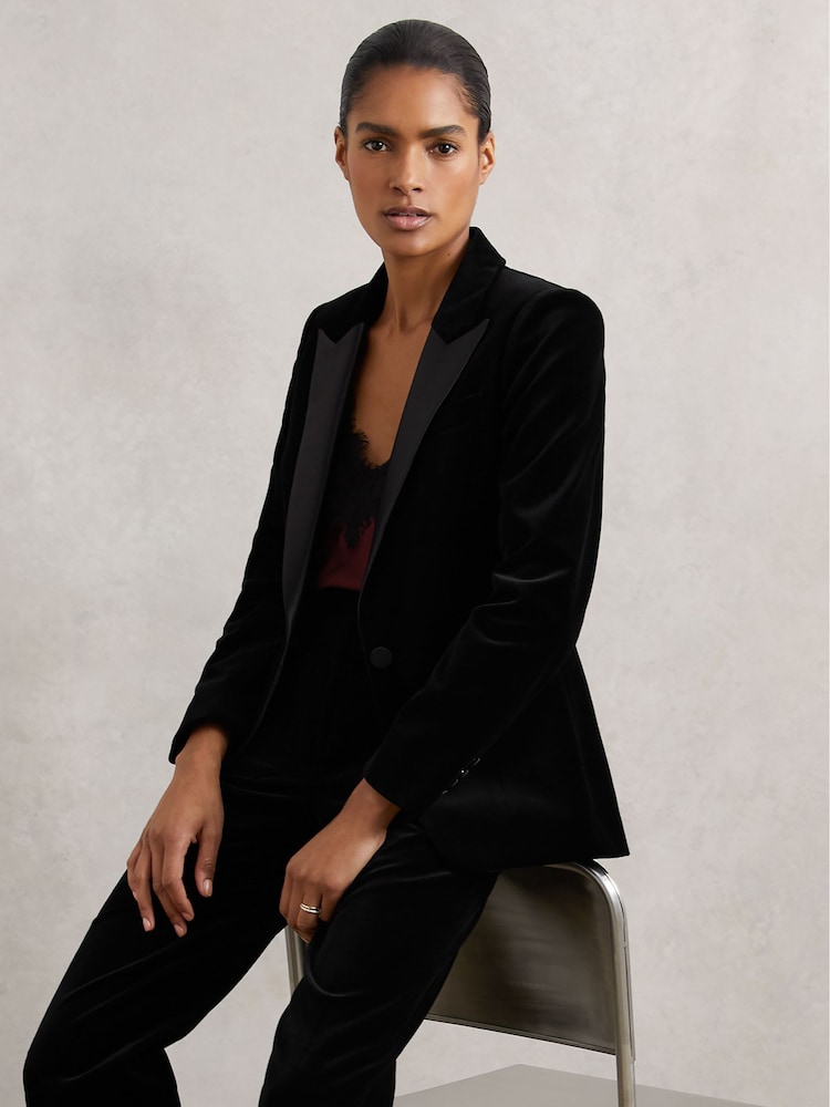 Reiss Black Myrtle Velvet Single Breasted Suit Blazer - Image 1 of 6 Reiss Black Myrtle Velvet Single Breasted Suit Blazer - Image 1 of 6