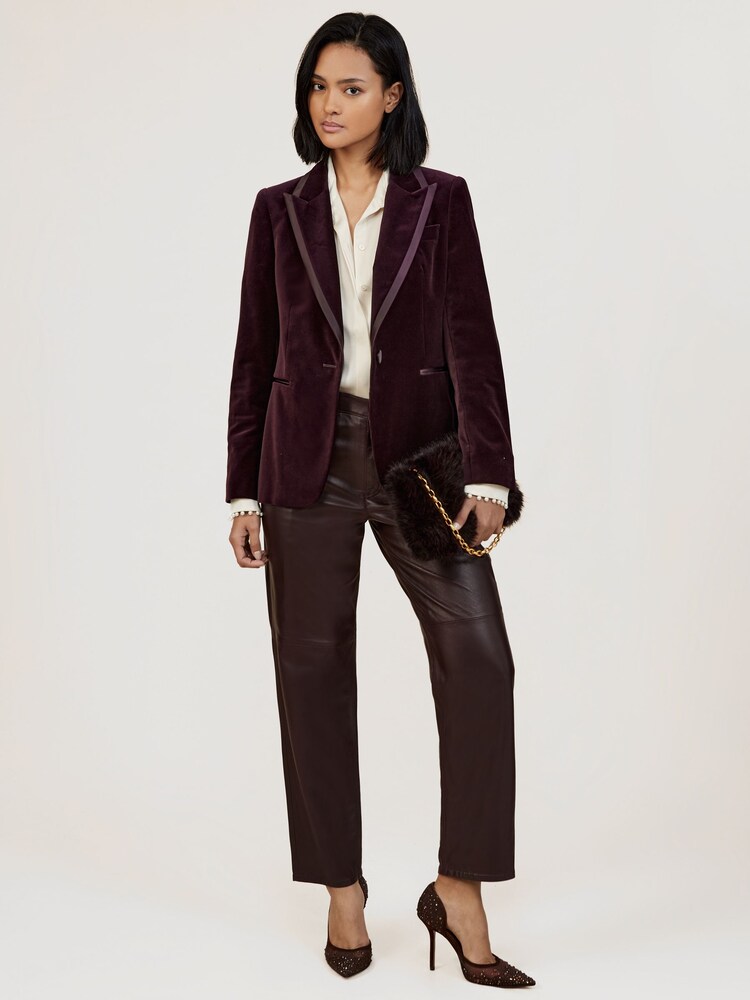 Reiss Burgundy Elia Petite Velvet Single-Breasted Suit Blazer - Image 1 of 7