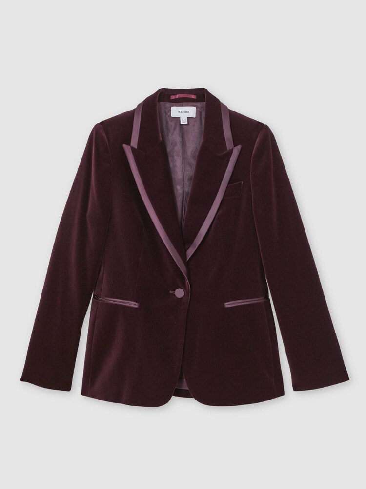 Reiss Burgundy Elia Petite Velvet Single-Breasted Suit Blazer - Image 2 of 7