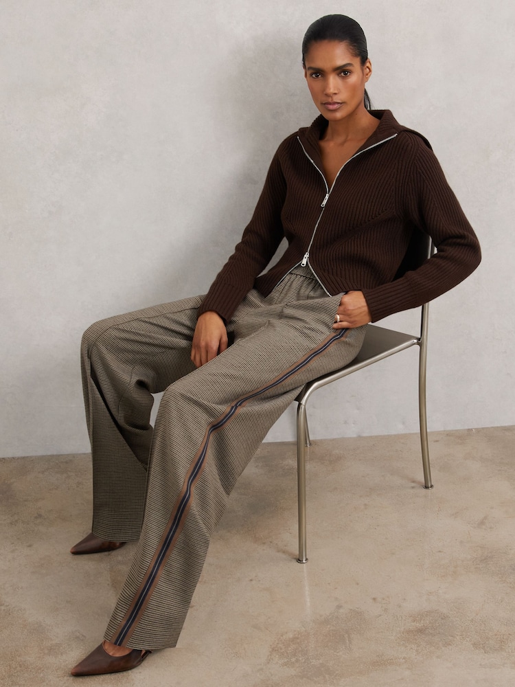 Reiss Neutral Check Tarley Petite Side-Stripe Wide-Leg Check Trousers - Image 1 of 7 Reiss Neutral Check Tarley Petite Side-Stripe Wide-Leg Check Trousers - Image 1 of 7