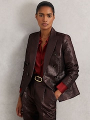 Reiss Burgundy Sienna Petite Double-Breasted Metallic Suit Blazer with Cotton - Image 1 of 8
