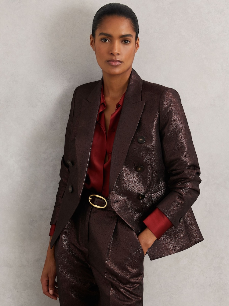 Reiss Burgundy Sienna Petite Double-Breasted Metallic Suit Blazer with Cotton - Image 1 of 8 Reiss Burgundy Sienna Petite Double-Breasted Metallic Suit Blazer with Cotton - Image 1 of 8