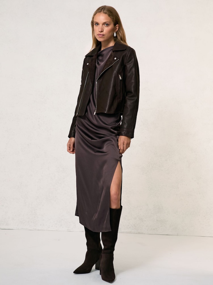 Reiss Chocolate Brown Lidia Suede-Lapel Leather Biker Jacket - Image 1 of 7 Reiss Chocolate Brown Lidia Suede-Lapel Leather Biker Jacket - Image 1 of 7