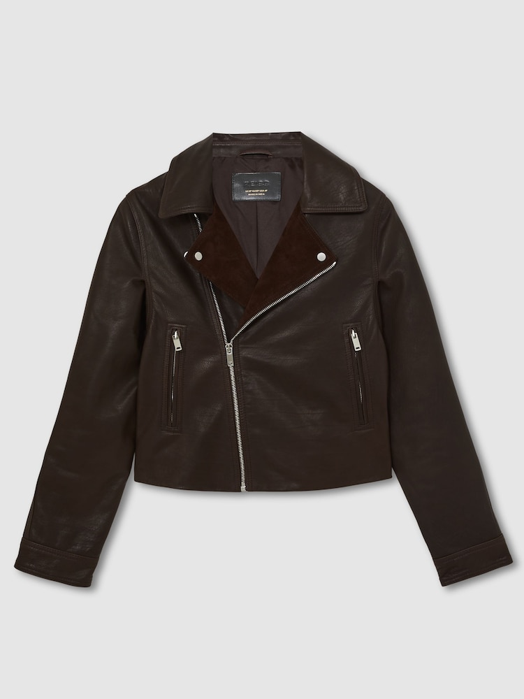 Reiss Chocolate Brown Lidia Suede-Lapel Leather Biker Jacket - Image 2 of 7 Reiss Chocolate Brown Lidia Suede-Lapel Leather Biker Jacket - Image 2 of 7