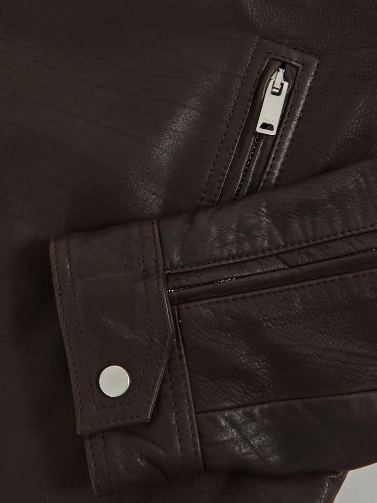 Reiss Chocolate Brown Lidia Suede-Lapel Leather Biker Jacket - Image 7 of 7