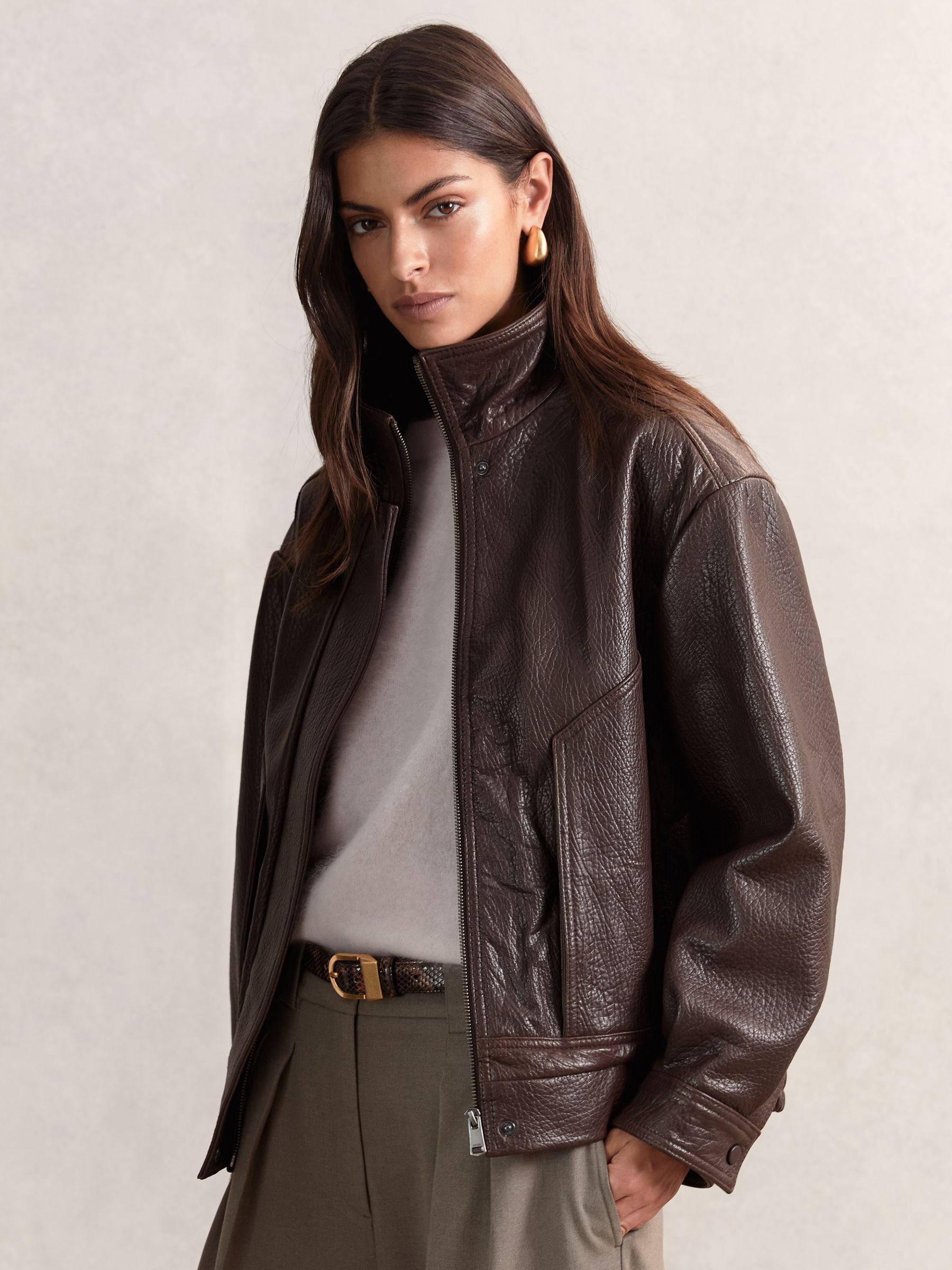 Buy Reiss Burgundy Kiara Oversize Grained-Leather Bomber Jacket