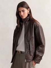 Reiss Burgundy Kiara Oversize Grained-Leather Bomber Jacket - Image 9 of 9