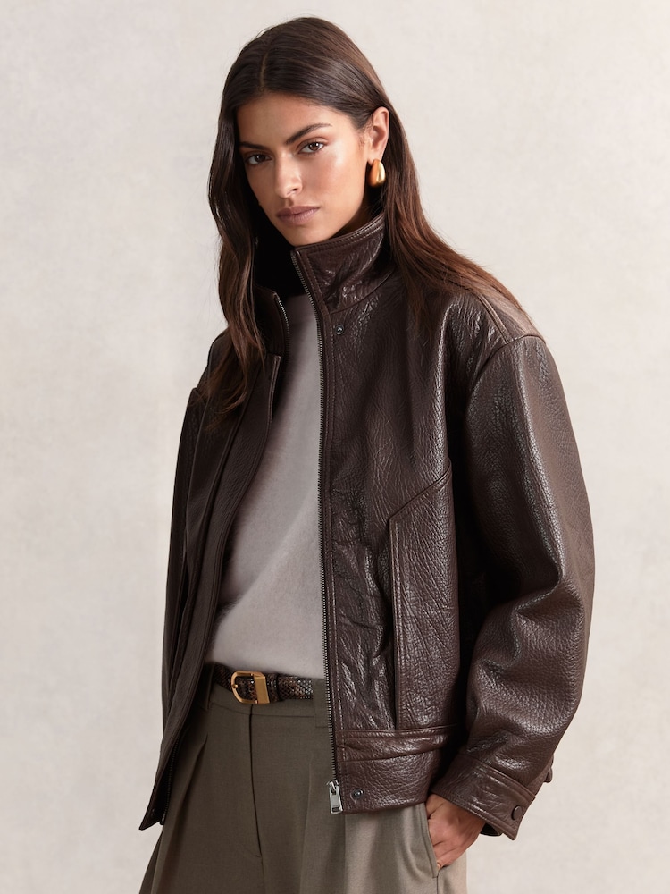 Reiss Burgundy Kiara Oversize Grained-Leather Bomber Jacket - Image 9 of 9