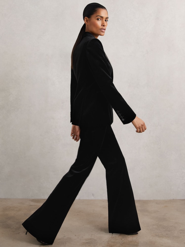 Reiss Black Myrtle Petite Velvet Flared Trousers - Image 1 of 8 Reiss Black Myrtle Petite Velvet Flared Trousers - Image 1 of 8