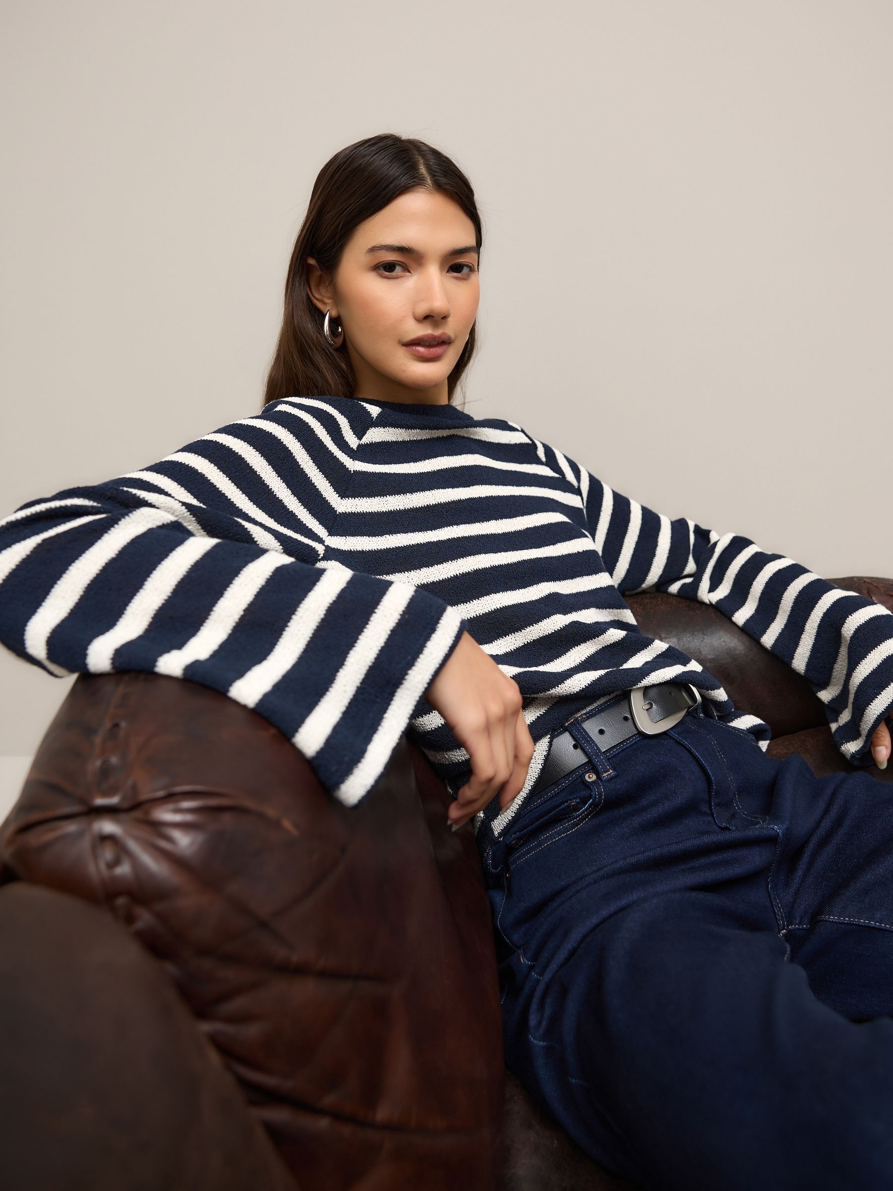 Buy Navy Blue/Ecru Stripe Long Sleeve Knit Look Crew Neck Top from