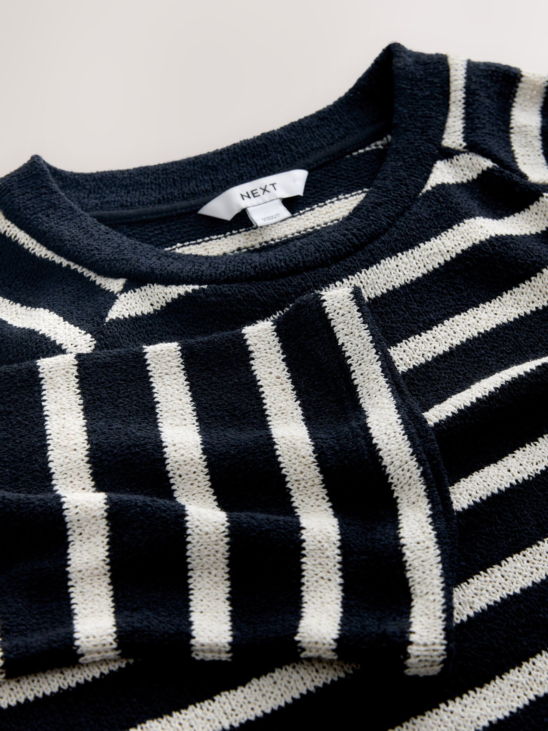 Buy Navy Blue/Ecru Stripe Long Sleeve Knit Look Crew Neck Top from