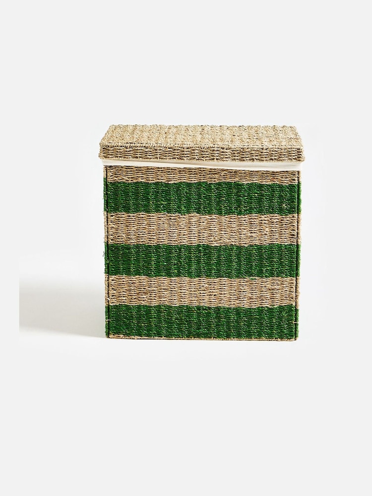 Oliver Bonas Green Woven Stripe Dual Laundry Basket - Image 2 of 5